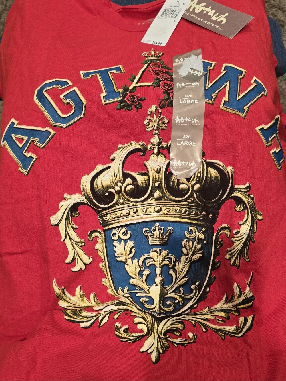AGTAWH Graphic T-Shirt Red Oversized Crown Crest Tee Size - Picture 3 of 5